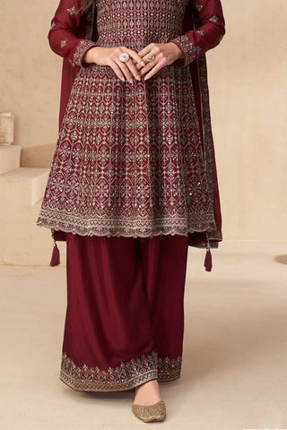 Maroon Color Chinon Silk Fabric Beautiful Palazzo Suit