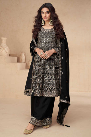 Black Color Chinon Silk Fabric Charming Palazzo Suit