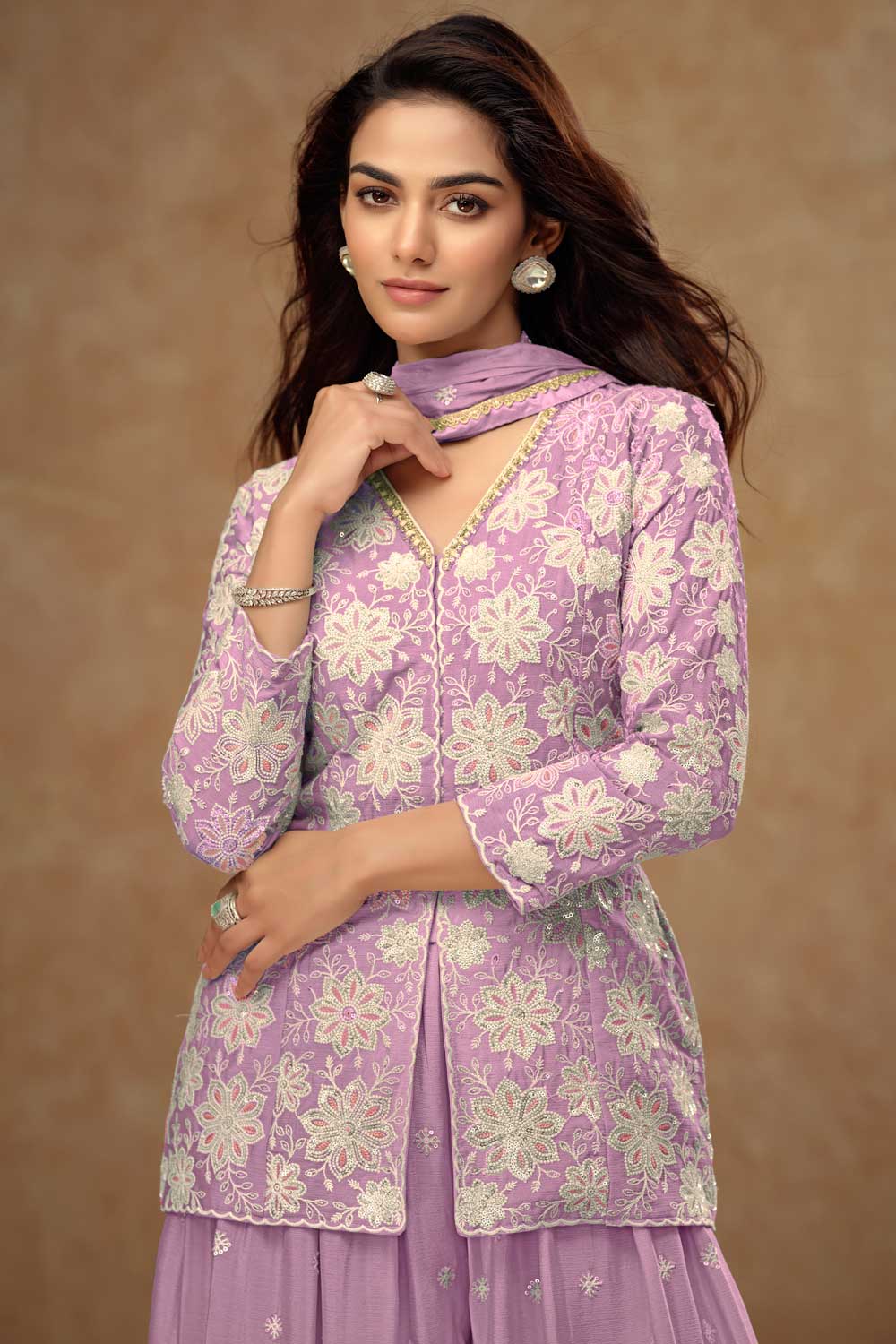 Incredible Chinon Fabric Lavender Color Readymade Short Top With Palazzo