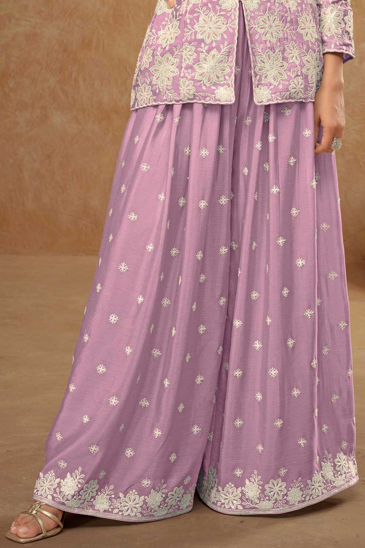 Incredible Chinon Fabric Lavender Color Readymade Short Top With Palazzo