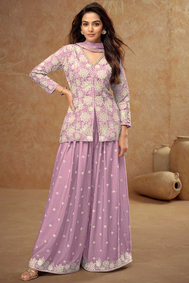 Incredible Chinon Fabric Lavender Color Readymade Short Top With Palazzo