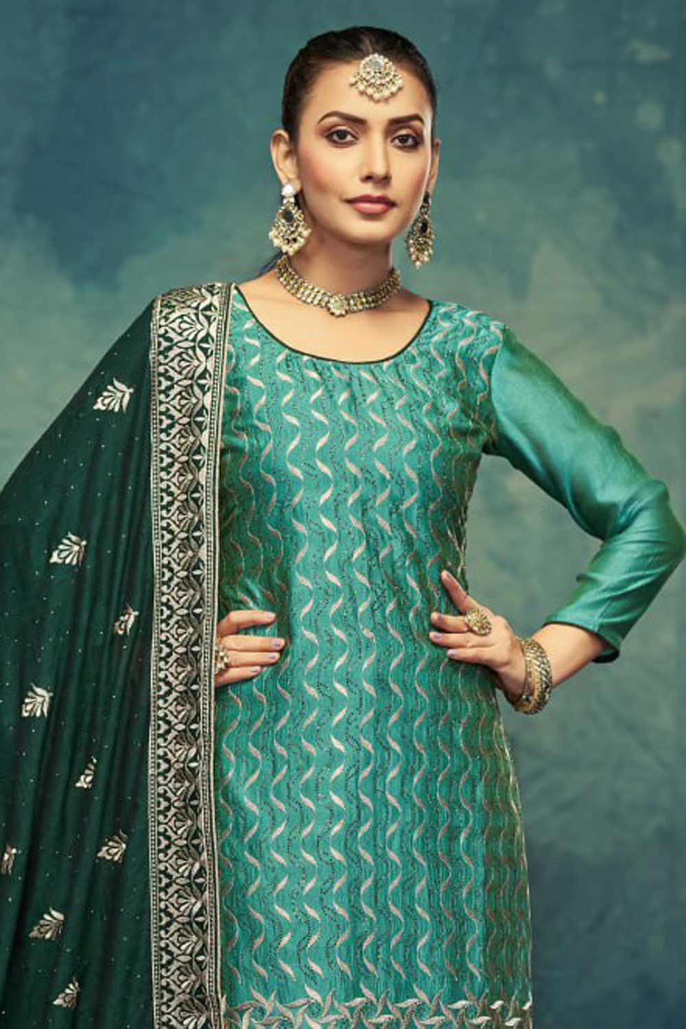 Vichitra Fabric Cyan Color Festive Style Elegant Salwar Suit