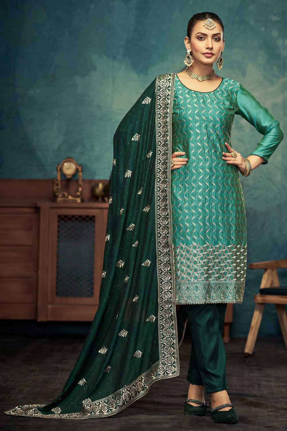 Vichitra Fabric Cyan Color Festive Style Elegant Salwar Suit