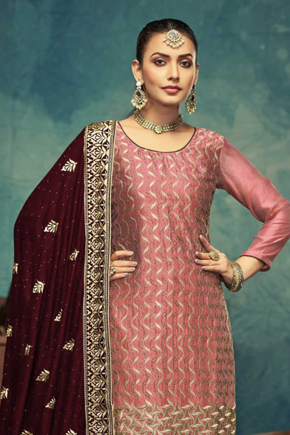 Vichitra Fabric Festive Style Lovely Salwar Suit In Pink Color