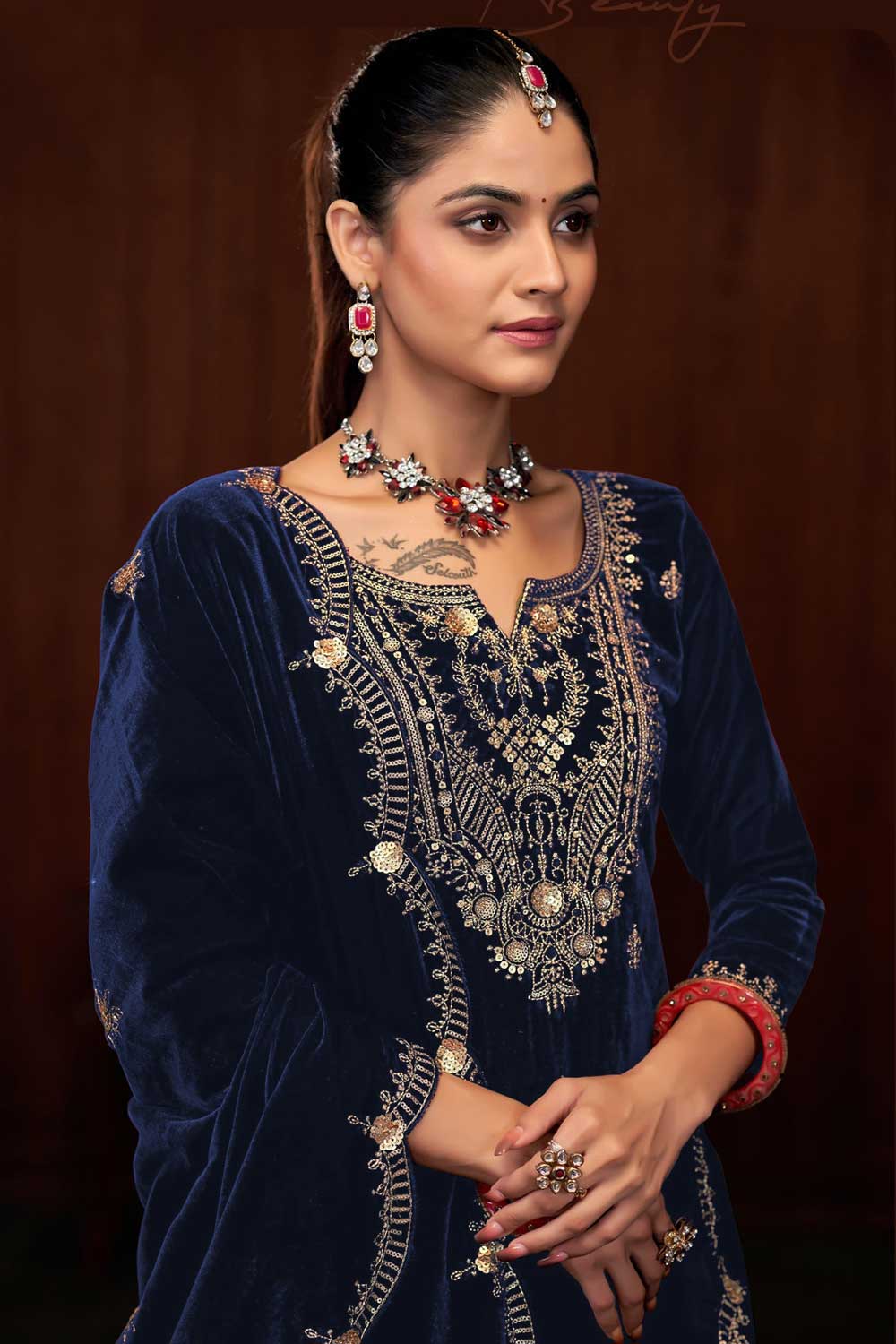 Tempting Navy Blue Color Function Wear Velvet Palazzo Suit