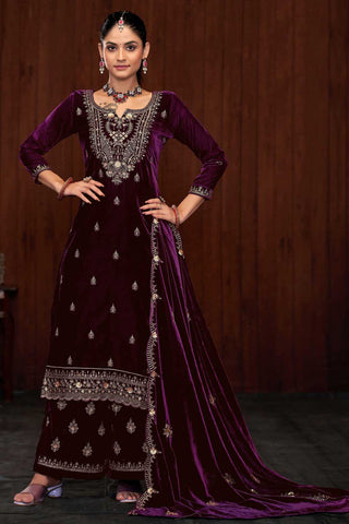 Engaging Wine Color Function Wear Velvet Palazzo Suit