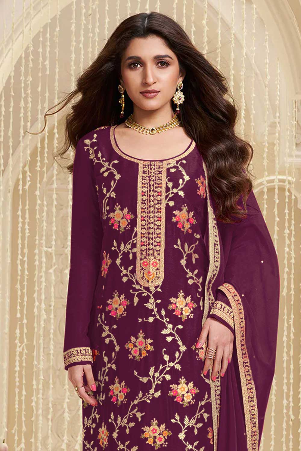 Nidhi shah Alluring Viscose Fabric Wine Color Salwar Suit