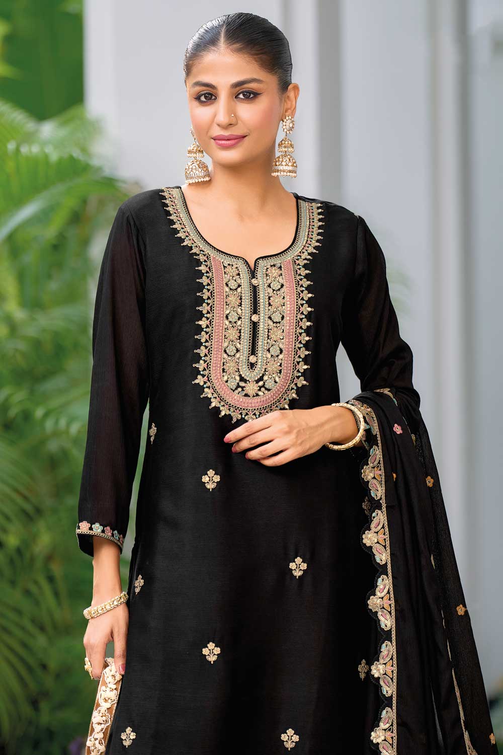 Black Color Chinon Fabric Stunning Readymade Palazzo Suit