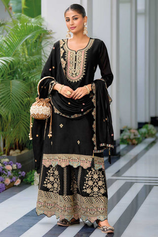 Black Color Chinon Fabric Stunning Readymade Palazzo Suit