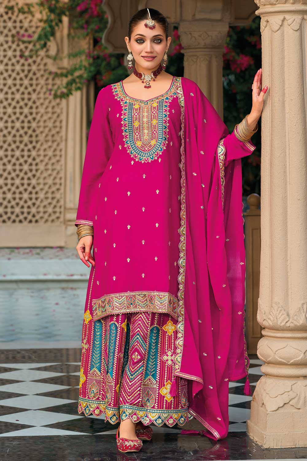 Trendy Chinon Fabric Rani Color Readymade Palazzo Suit