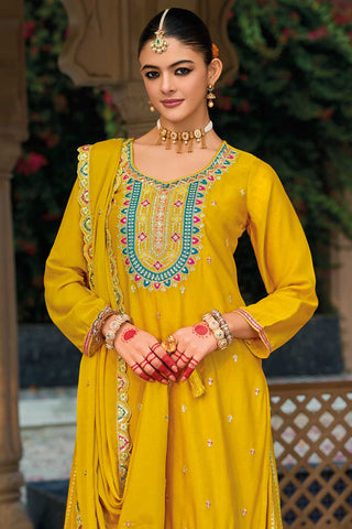 Beautiful Yellow Color Readymade Palazzo Suit In Chinon Fabric