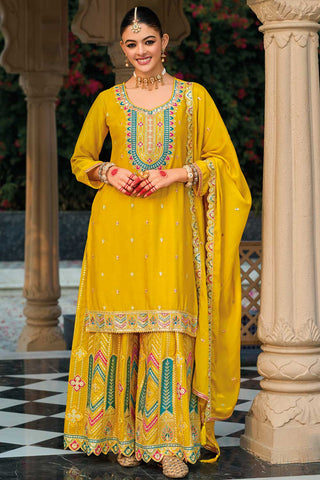 Beautiful Yellow Color Readymade Palazzo Suit In Chinon Fabric