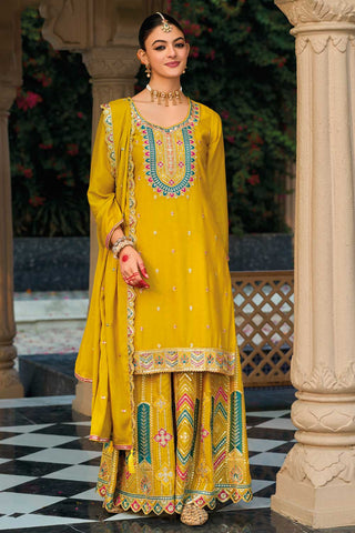 Beautiful Yellow Color Readymade Palazzo Suit In Chinon Fabric