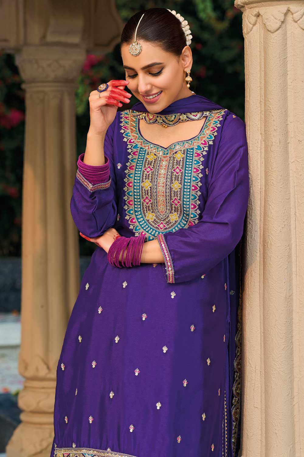 Purple Color Exquisite Readymade Palazzo Suit In Chinon Fabric