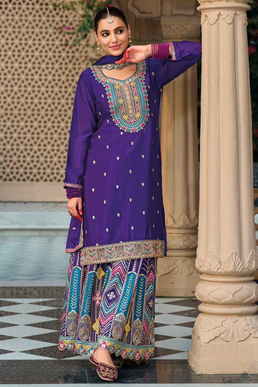 Purple Color Exquisite Readymade Palazzo Suit In Chinon Fabric