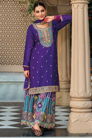 Purple Color Exquisite Readymade Palazzo Suit In Chinon Fabric