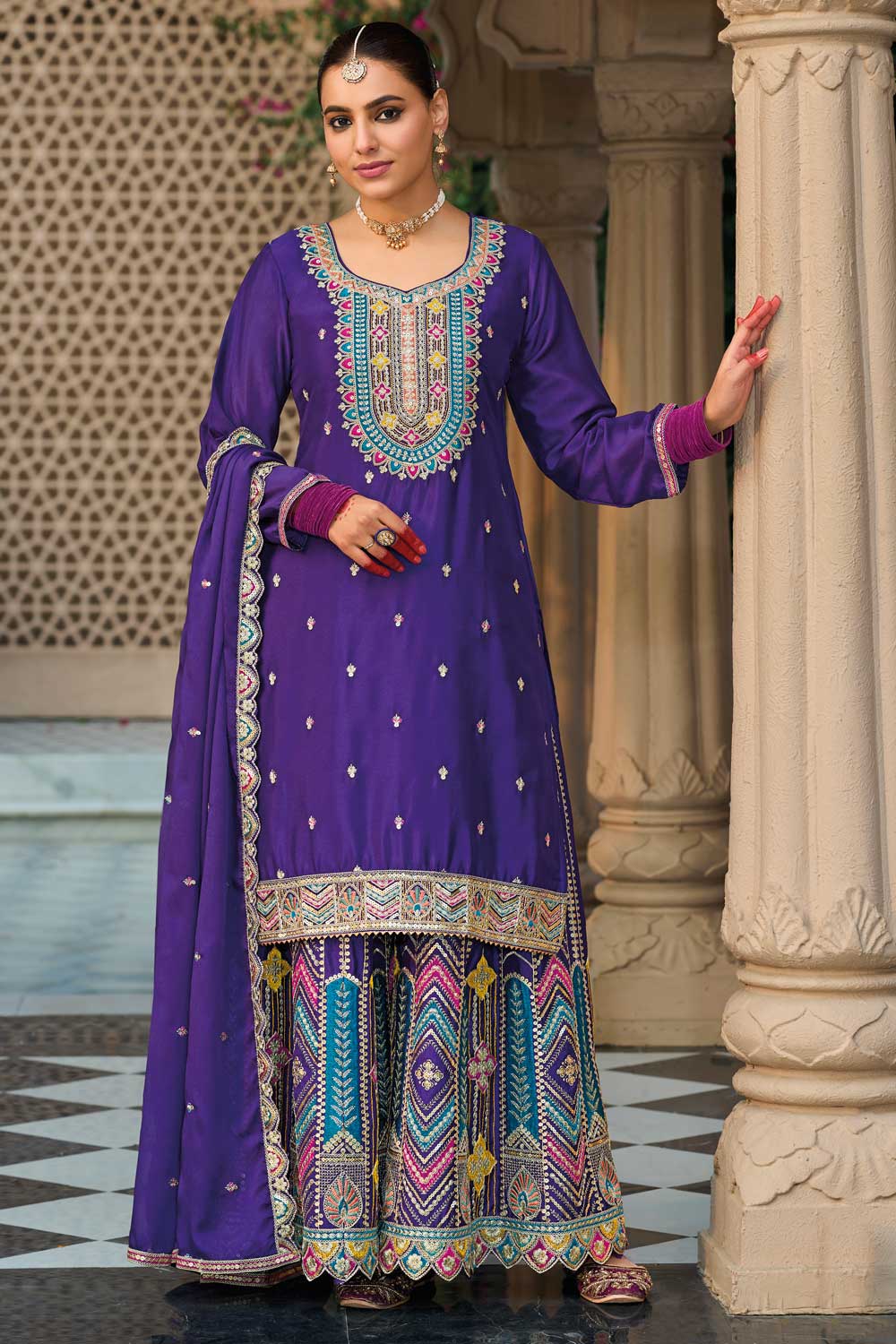 Purple Color Exquisite Readymade Palazzo Suit In Chinon Fabric