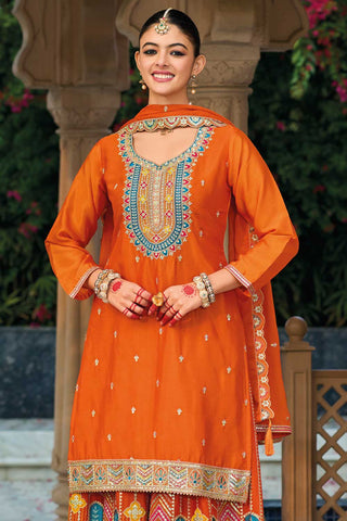 Attractive Chinon Fabric Orange Color Readymade Palazzo Suit