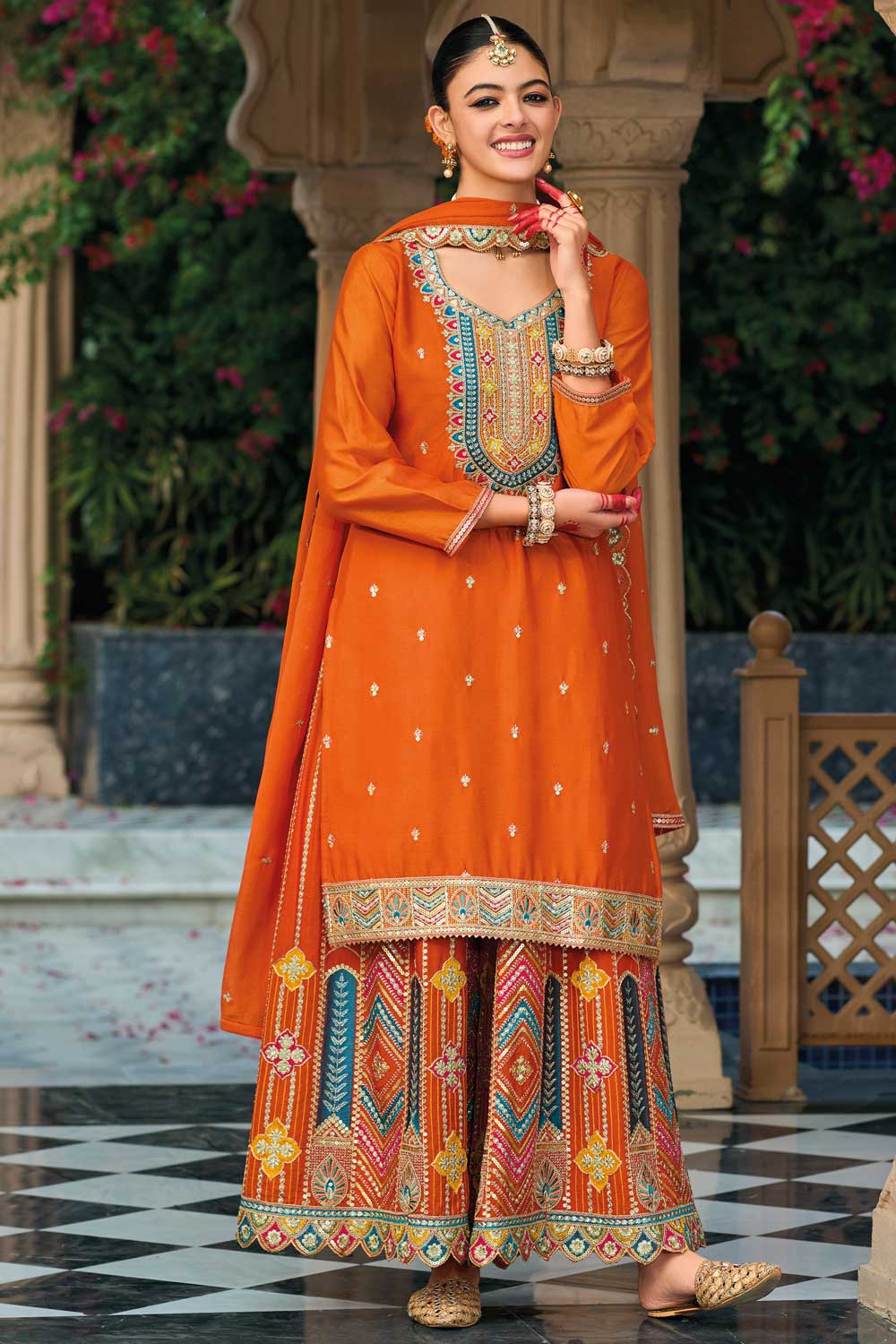 Attractive Chinon Fabric Orange Color Readymade Palazzo Suit