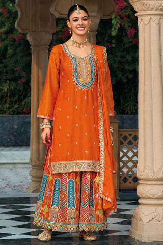 Attractive Chinon Fabric Orange Color Readymade Palazzo Suit