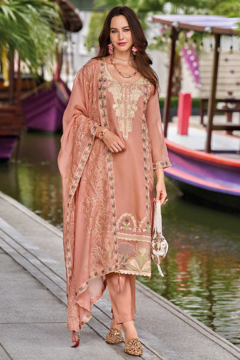 Trendy Organza Fabric Peach Color Readymade Salwar Suit