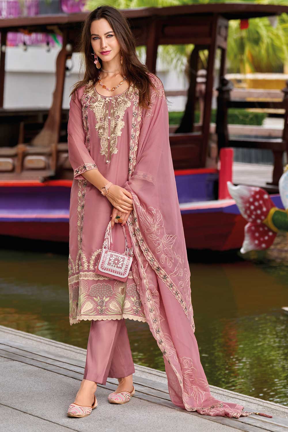 Pink Color Organza Fabric Chic Readymade Salwar Suit