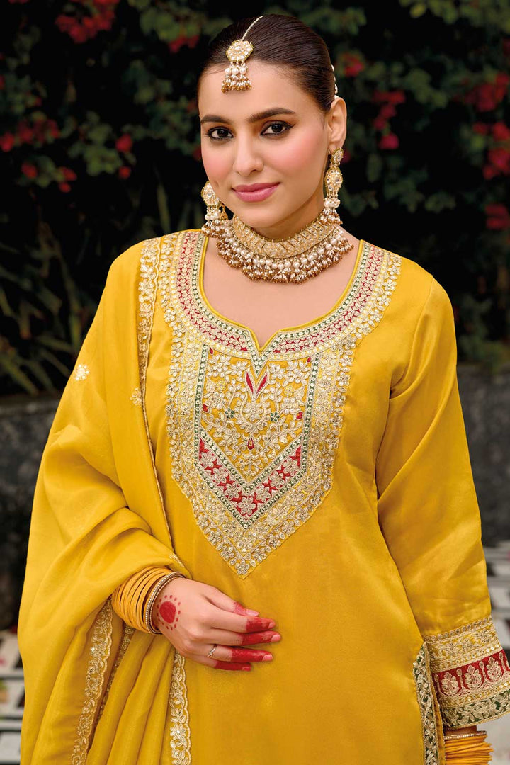 Fancy Fabric Yellow Color Attractive Punjabi Style Salwar Kameez