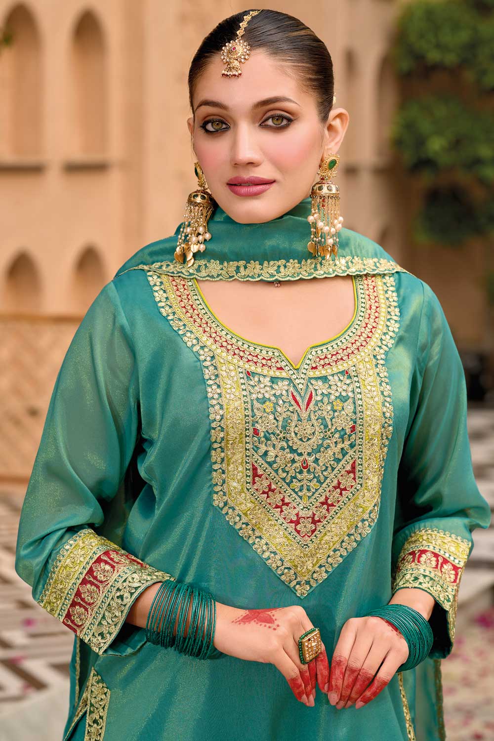 Sea Green Color Fancy Fabric Beautiful Punjabi Style Salwar Kameez
