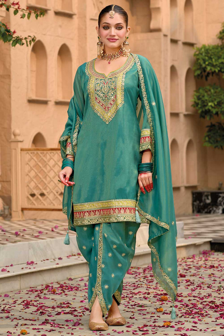 Sea Green Color Fancy Fabric Beautiful Punjabi Style Salwar Kameez