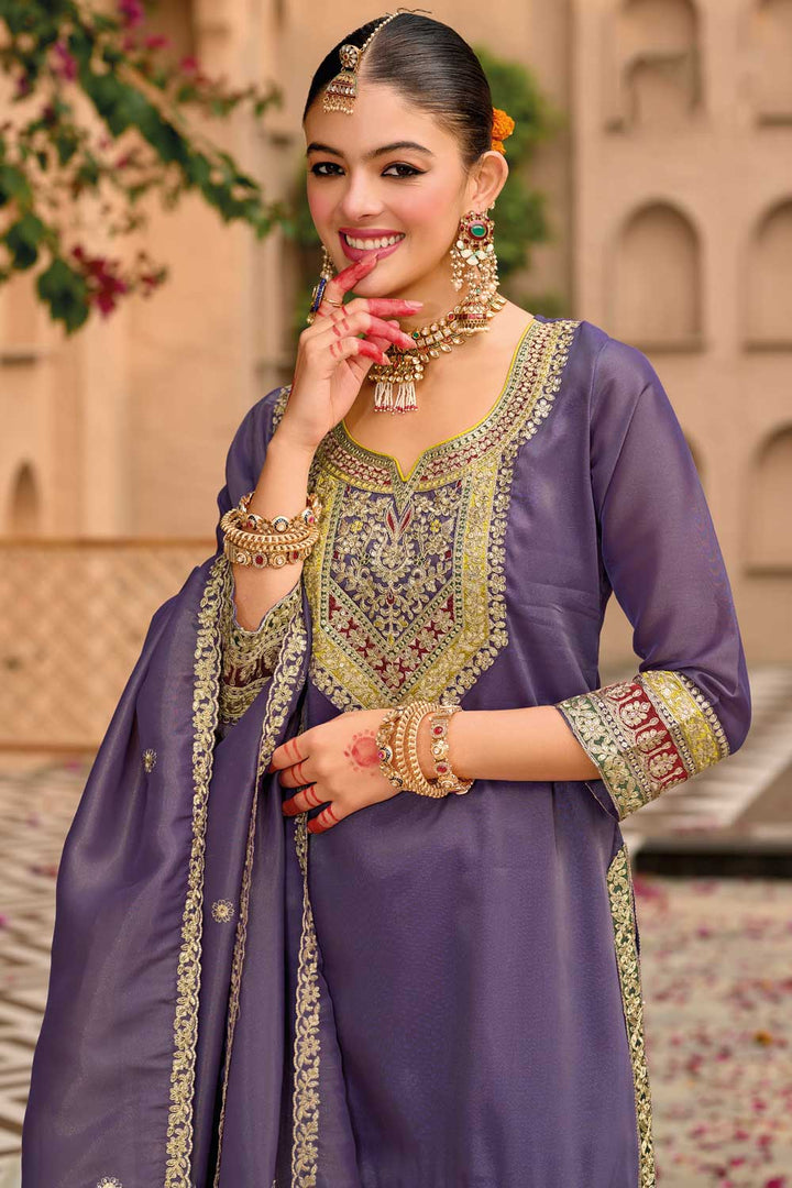 Fancy Fabric Lavender Color Glamorous Punjabi Style Salwar Kameez