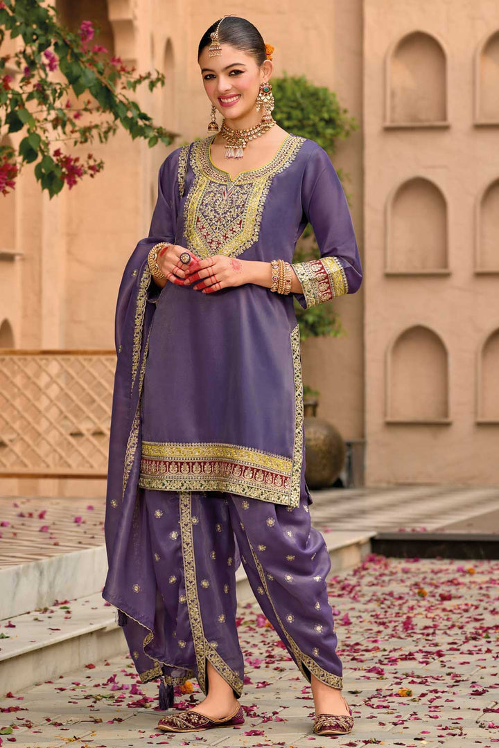 Fancy Fabric Lavender Color Glamorous Punjabi Style Salwar Kameez