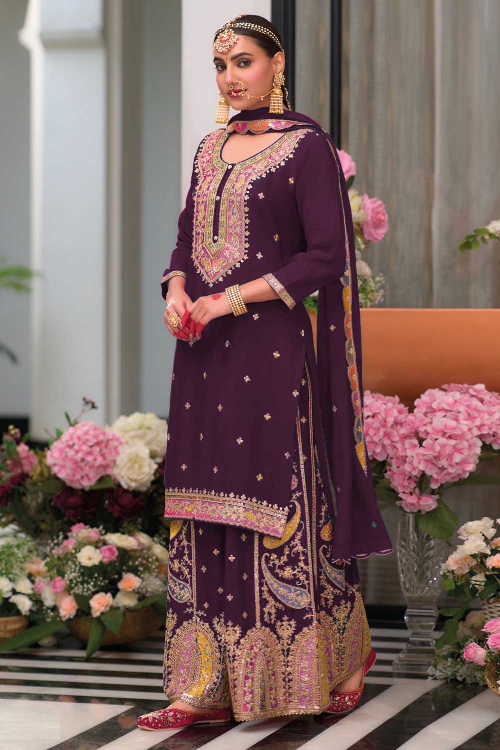 Chinon Fabric Captivating Purple Color Readymade Palazzo Suit