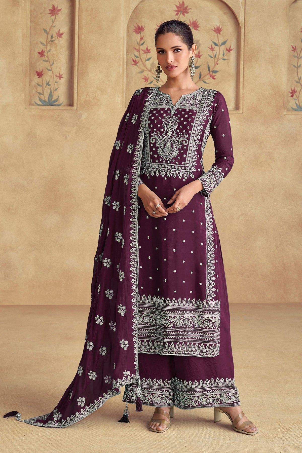 Georgette Fabric Embroidered Function Wear Palazzo Suit In Wine Color