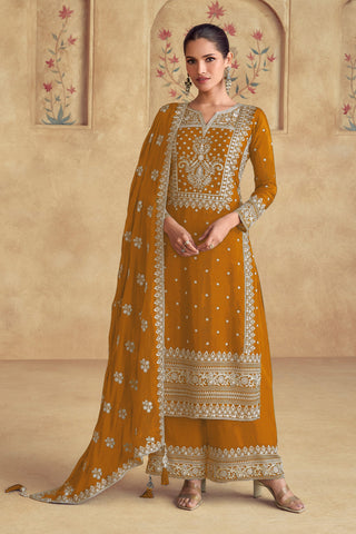 Embroidered Mustard Color Palazzo Suit In Georgette Fabric