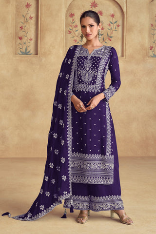 Purple Color Embroidered Palazzo Suit In Georgette Fabric