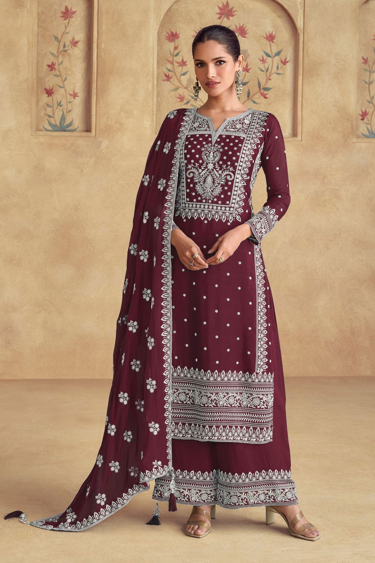 Burgundy Color Embroidered Palazzo Suit In Georgette Fabric