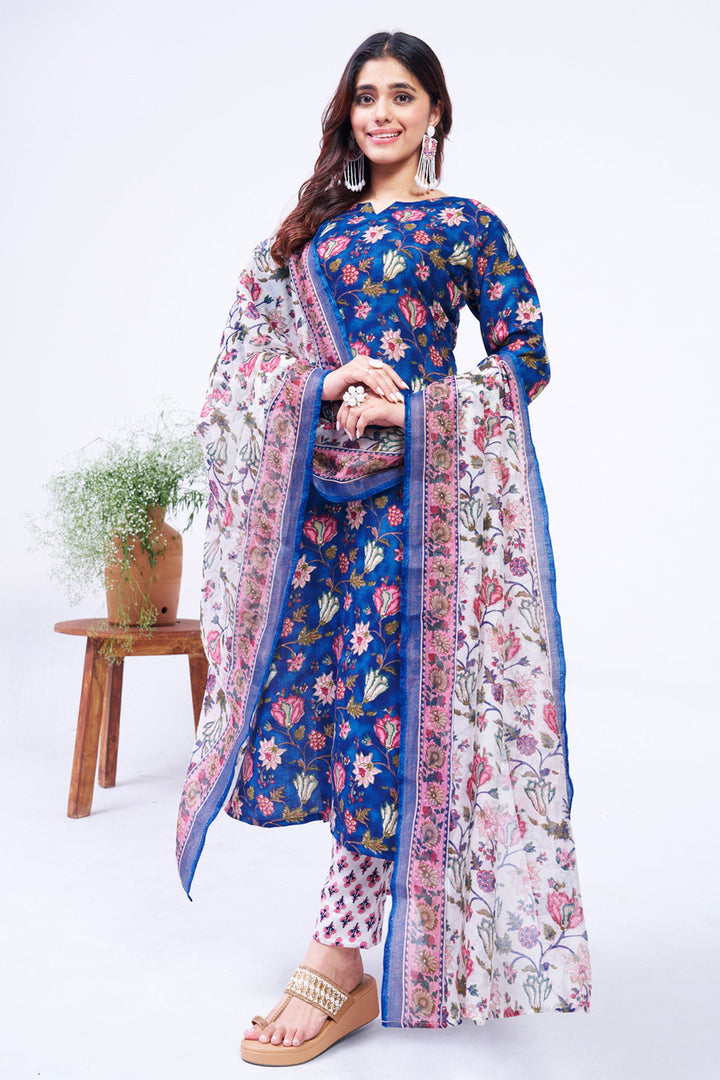 Blue Color Cotton Fabric Elegant Readymade Salwar Suit | Buy Online India