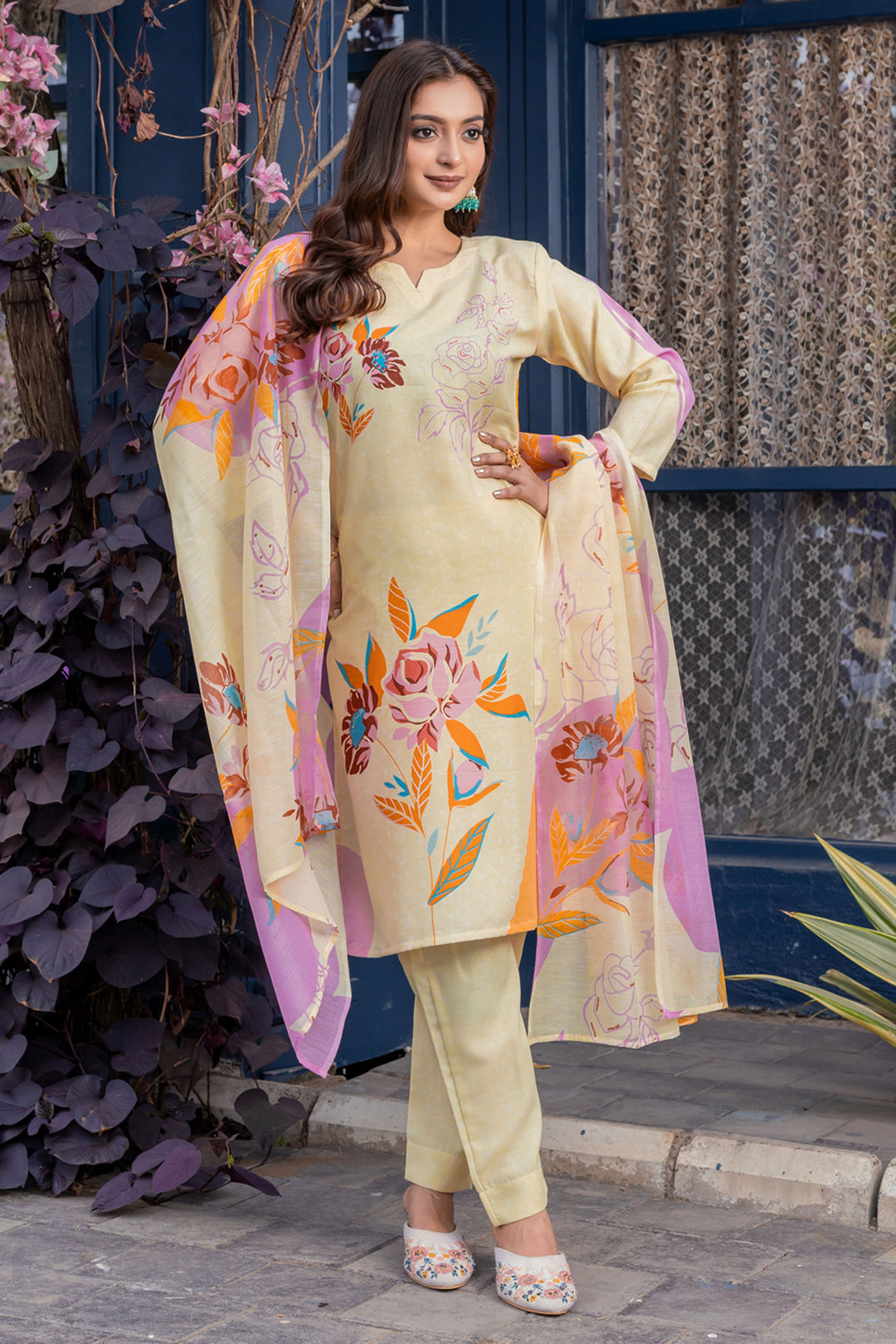 Tempting Cotton Fabric Cream Color Readymade Printed Salwar Suit