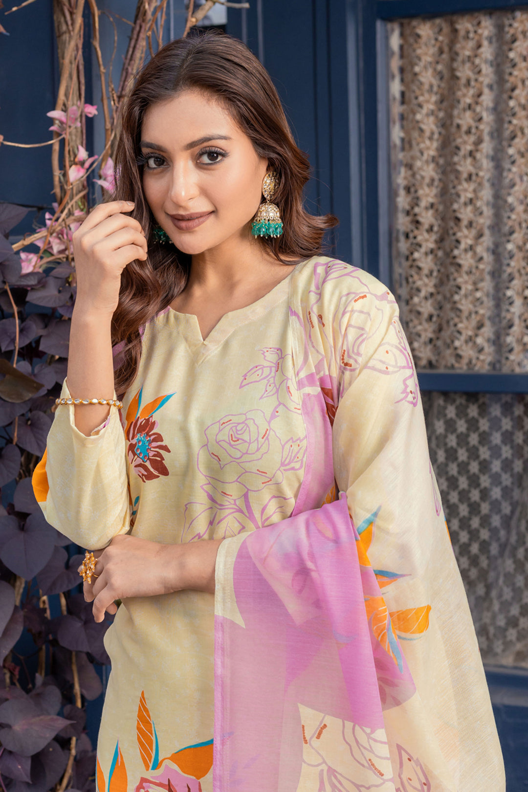 Tempting Cotton Fabric Cream Color Readymade Printed Salwar Suit