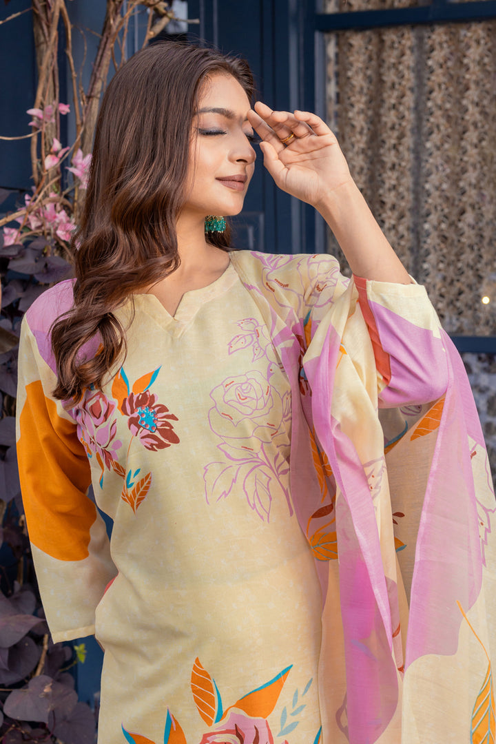 Tempting Cotton Fabric Cream Color Readymade Printed Salwar Suit