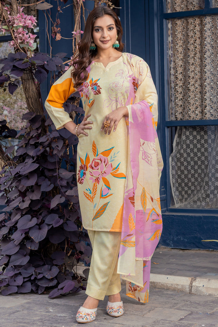 Tempting Cotton Fabric Cream Color Readymade Printed Salwar Suit