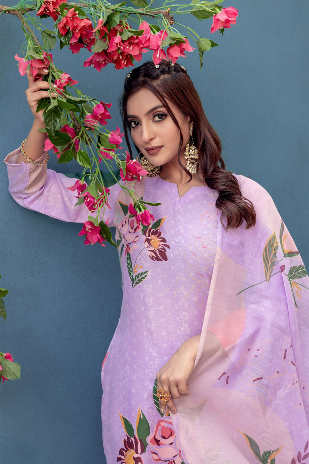 Engaging Lavender Color Cotton Fabric Readymade Printed Salwar Suit