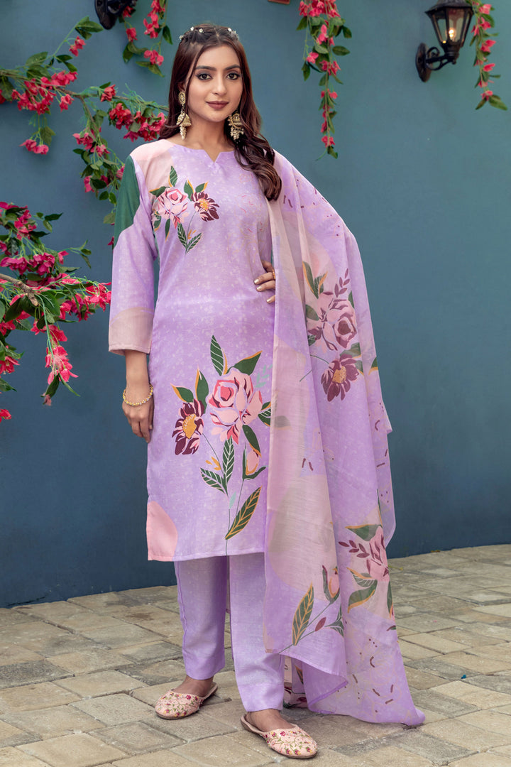 Engaging Lavender Color Cotton Fabric Readymade Printed Salwar Suit