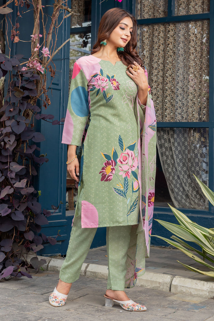 Classic Sea Green Color Readymade Printed Salwar Suit In Cotton Fabric