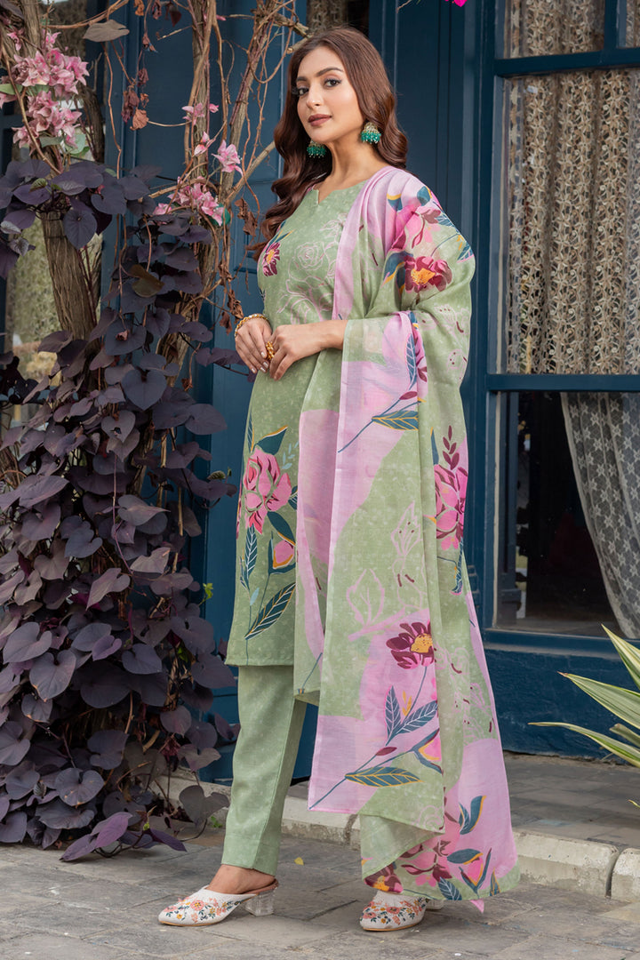 Classic Sea Green Color Readymade Printed Salwar Suit In Cotton Fabric