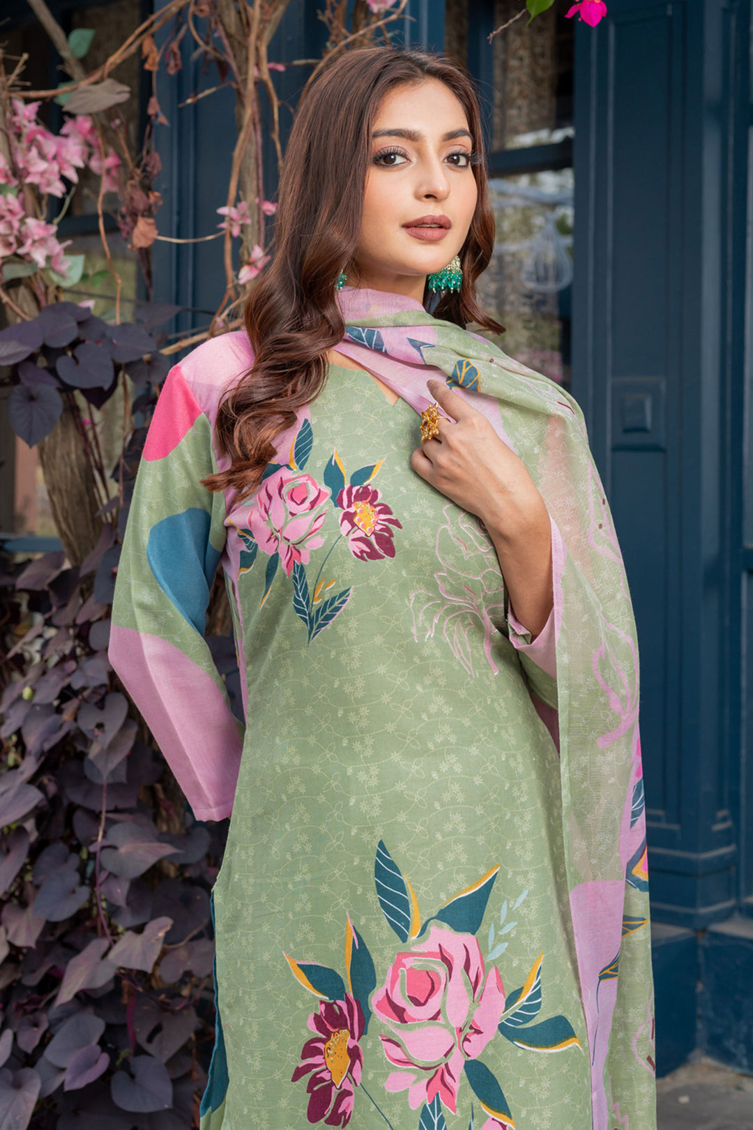 Classic Sea Green Color Readymade Printed Salwar Suit In Cotton Fabric
