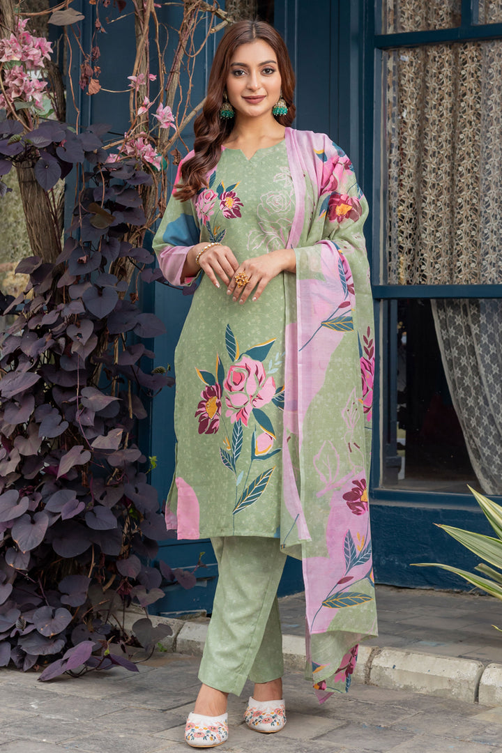 Classic Sea Green Color Readymade Printed Salwar Suit In Cotton Fabric