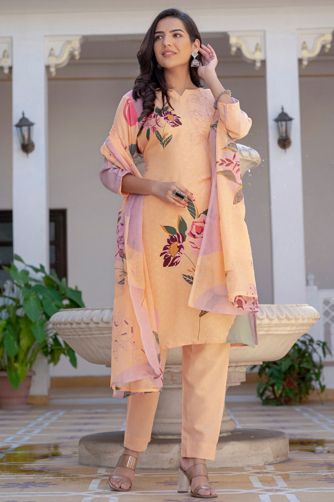 Amazing Peach Color Cotton Fabric Readymade Printed Salwar Suit