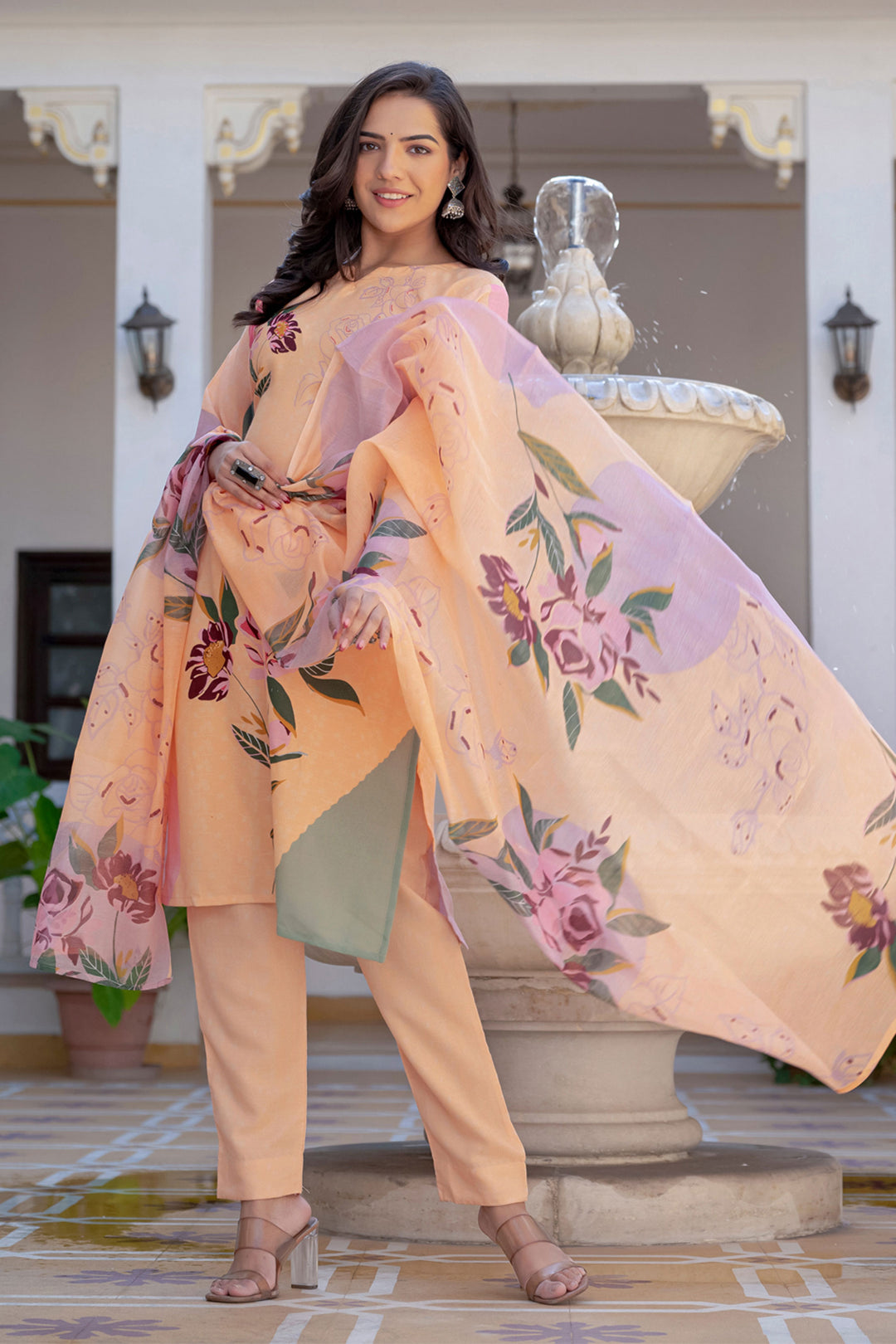 Amazing Peach Color Cotton Fabric Readymade Printed Salwar Suit