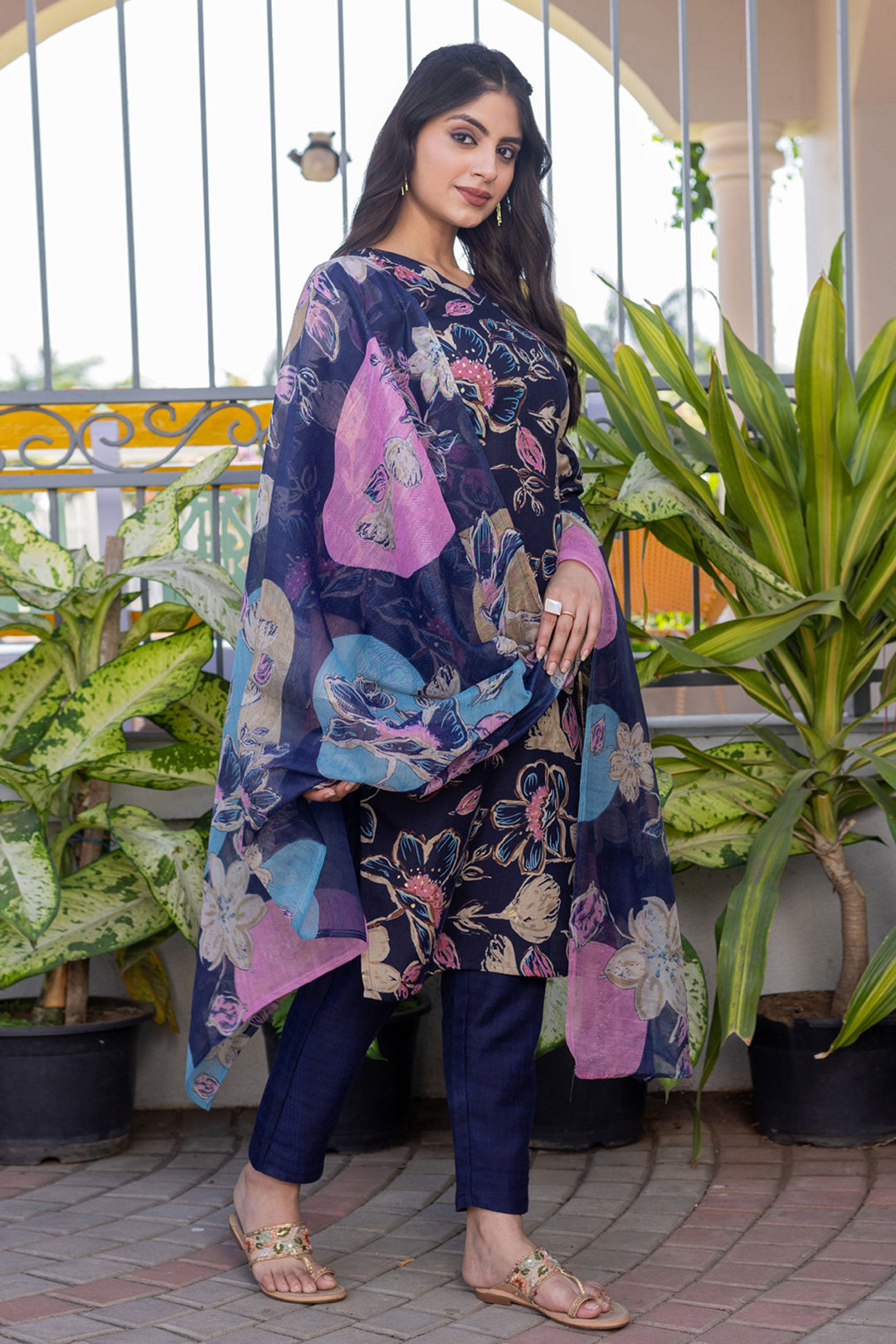 Trendy Cotton Fabric Navy Blue Color Readymade Salwar Suit